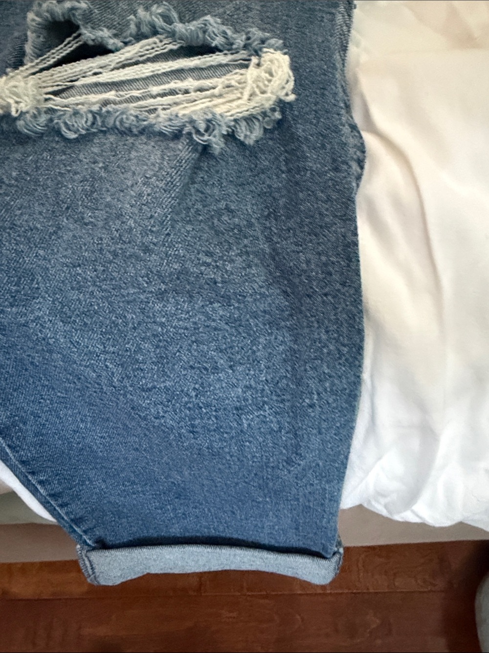 Celebrity Pink Distressed Blue Denim Overalls with Ripped Knees - Picture 3 of 6